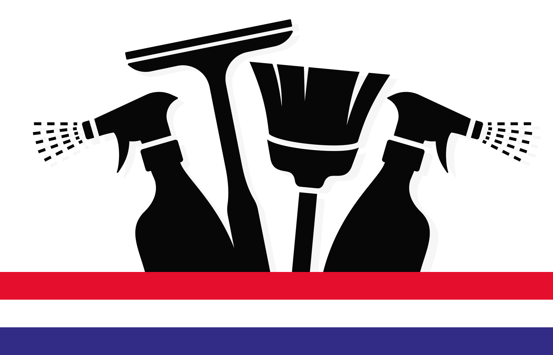 Abstract illustration of three black-suited figures with white highlights, spraying paint against a green background, with red, white, and blue bars along the bottom.